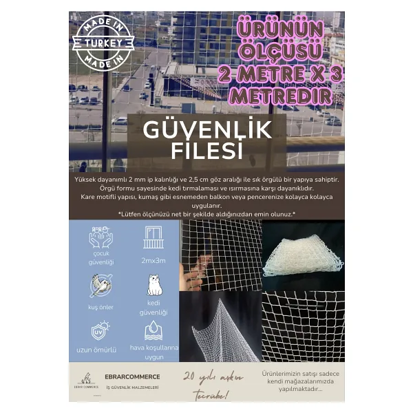 Vural Balkon Filesi 2m x 3 Metre Kalın Ve Sık Dokunmuş Kedi Çocuk Filesi
