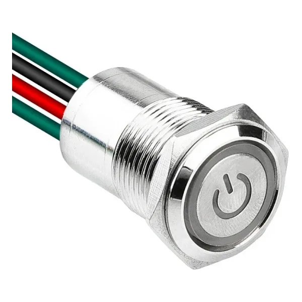 WD16D1-P2-EC 16mm Düz Yaylı Işıklı Power Kablolu Metal Buton - Beyaz