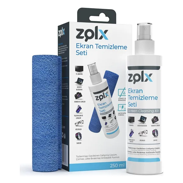 Zolx Ekran Temizleme Seti 250ML + Temizleme Bezi Lcd, Led, Ekran, Laptop, Tablet, Bilgisayar, Televizyon, Cep Telefonu, Gözlük, Kamera, Koruyucu Ve Parlatıcı Doğal Temizleme