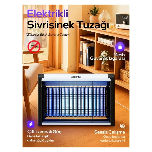 Auhma Aqm01 Çift Ampullü Elektrikli Sineklik Sivrisinek Kovucu & Yakalama Cihazı 30 M2 Etki Alan