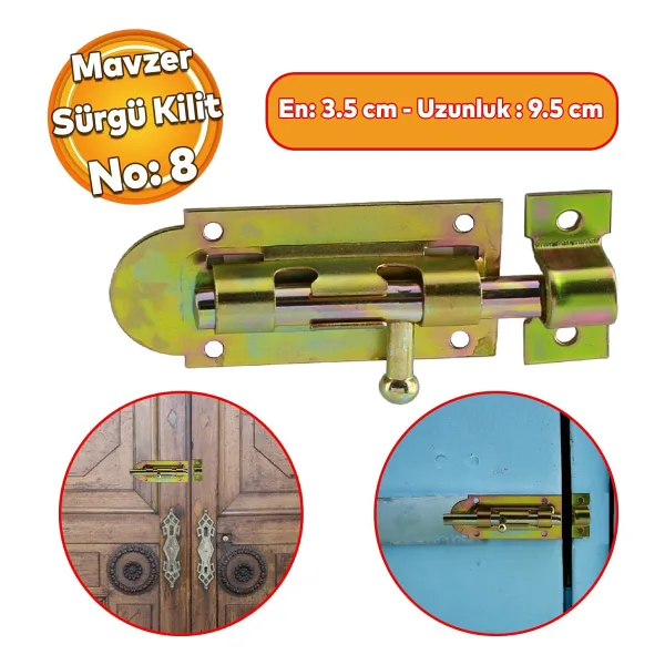 Badem10 Mavzer Sürgü No:8 Kilit Kadmiyum 35x95 mm Kapı Pencere Emniyet Mandalı Kilidi