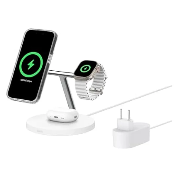Belkin BoostCharge 3'ü 1 Arada Qi2 şarj cihazı, MagSafe uyumlu kablosuz şarj istasyonu, Apple iPhone 17 Serisi, Apple Watch, Kaymaz Tabanlı AirPods için Qi2 Kablosuz Şarj Aleti, PSU Dahil - Beyaz
