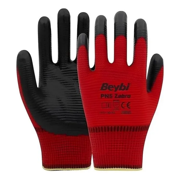 Beybi PN5 Zebra Polyester Örme Nitril 10 Numara İş Eldiveni 10 Çift
