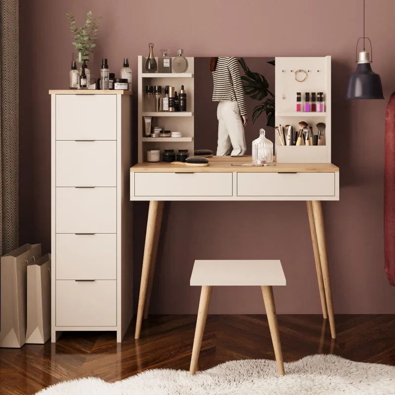 Bimossa U4060 Bella Makyaj Masası Seti 5+2 Çekmeceli Dolaplı Tabureli Kumtaşı-sepet Meşe