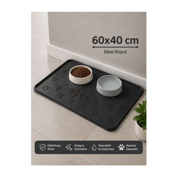 Black Gold Kedi Köpek Mama Matı Havuzlu Yıkanabilir Kaymaz Evcil Hayvan Beslenme Matı Kedi Kumu Paspası 40X60 - Siyah
