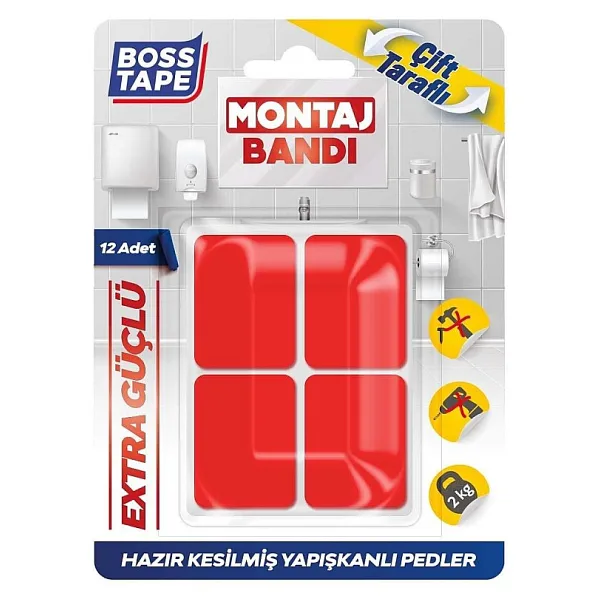 Boss Tape 3876 Çift Taraflı Ekstra Güçlü Montaj Bandı Ped 25mmx30mm 12Lİ Blister