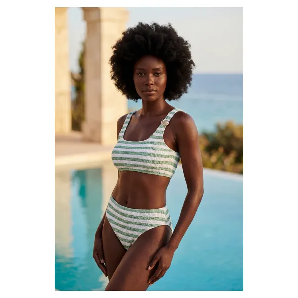Katia & Bony Kadın Sea La Vie Yeşil Çizgili Dokulu Kumaş Yüksek Bel Bikini Takımı