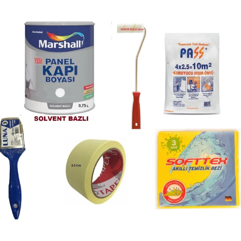 Marshall Solvent (Tiner) Bazlı Sentetik Amerikan Panel Kapı Boyası 0,75 Lt + Boyama Seti - 0.75 lt - Zeytin Dalı