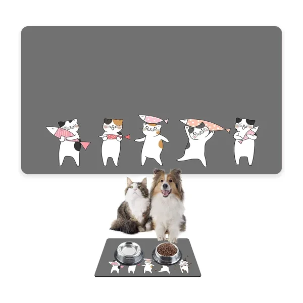 Monnhein Mama ve Su Evcil Hayvan Beslenme Matı, Kolay Temizlenen Emici Su Geçirmez Kumaş, Küçük Orta Boy ve Büyük Kedi ve Köpekler için Dayanıklı Köpek Kedi Paspas (40x60, Gri Kediler Balık)