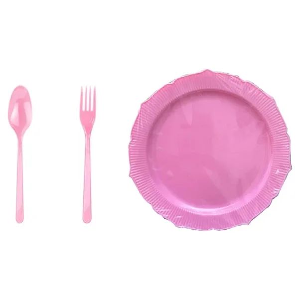Omeyva 26 Cm. Plastik Mika Pembe Sorfa Piknik Seti - 12 Kişilik Tabak Çatal Kaşık Takımı