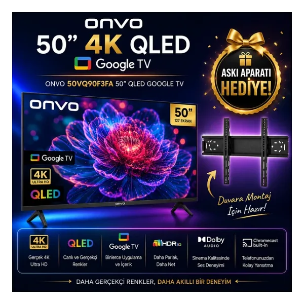 Onvo 50Vq90f3fa Qled Android Smart Tv Hdr Destekli Netflix & Youtube Bluetooth Wifi Askı Aparatı Hediyeli