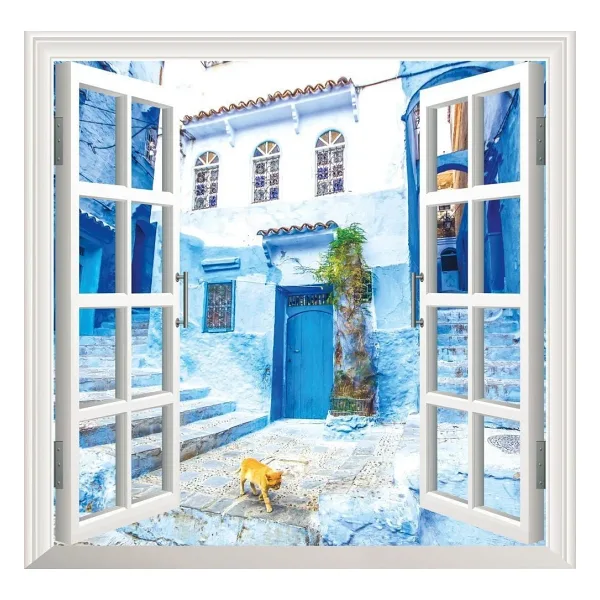 Pencere Poster Duvar Kağıdı Mavi Sokak Yapışkanlı Sticker