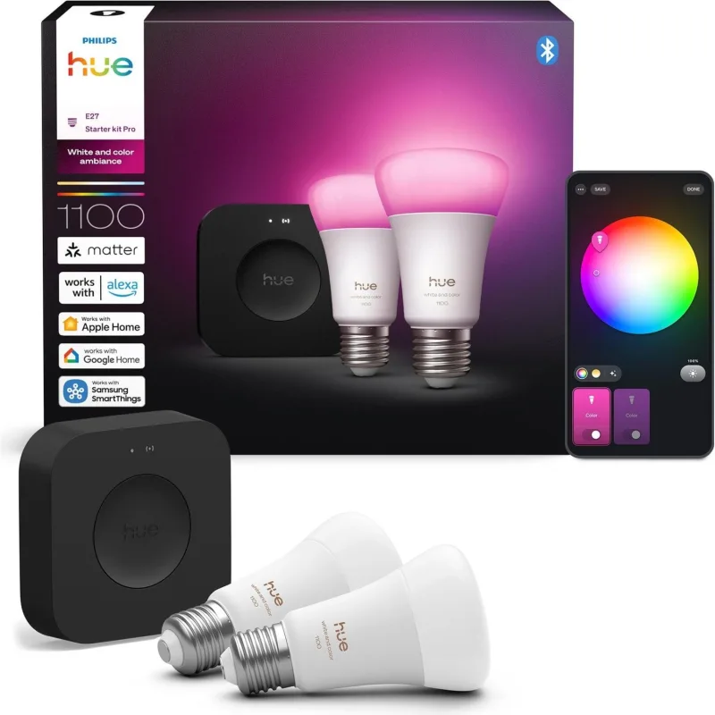 Philips Hue 1100 Renkli Ambiyans 11 W-75 W E27 2'li Akıllı LED Ampul + Bridge Pro Başlangıç Seti