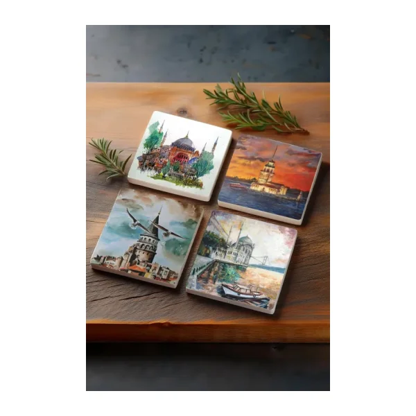 Pinecone Istanbul Ayasofya, Galata Kulesi, Kız Kulesi, Ortaköy Taş Bardak Altlığı 4'lü Set 10x10cm
