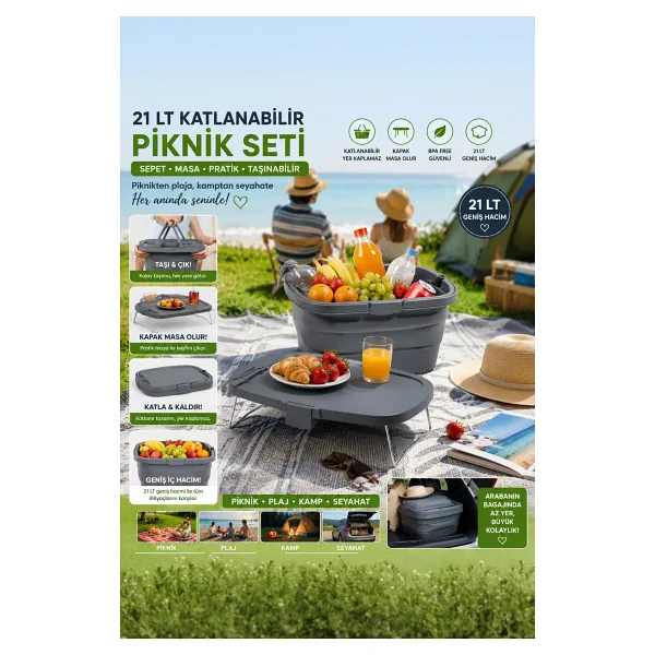 Porsima Katlanır Piknik Sepeti Sehpa - Silikonlu Katlanabilir Saklama Kutusu - 21 L