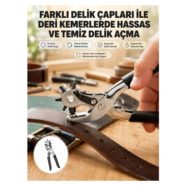 Shopwave Deri Delme Pensesi 6 Uçlu Ayarlanabilir Kemer Delme Aleti Profesyonel Kullanım