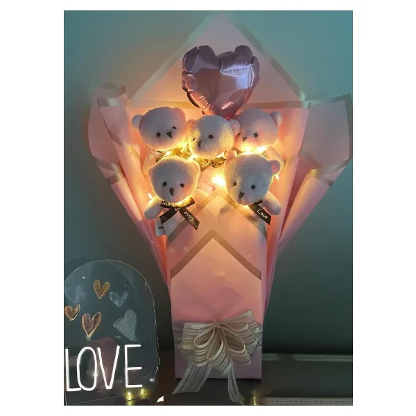 Sole Sevgiliye Led Işıklı Özel Pembe Konsept Balonlu Romantik Peluş Ayıcık Buketi