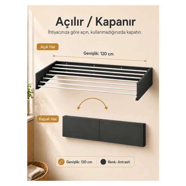 Unisoft Çamaşır Kurutma Askısı Katlanır Duvara Monte Balkon Banyo Askılık Duvar Tipi Yer Tasarruflu Çamaşırlık 120 cm Belize Antrasit