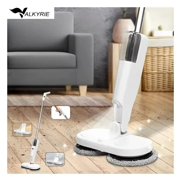Valkyrie Şarjlı Su Püskürtmeli Elektrikli Mop - Çift Döner Başlık, Mikrofiber Ped, 2000 mAh, Tüm Zeminlerde Etkili Beyaz