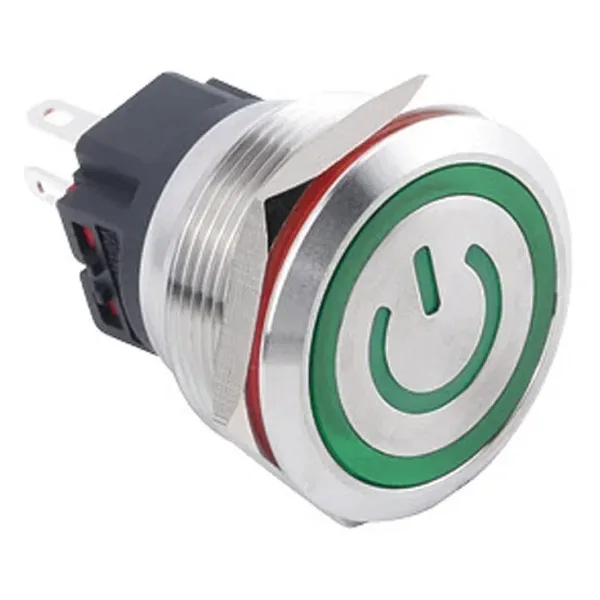 WD25B-P1-EC 25mm Düz Yaylı Işıklı Power Metal Buton - Yeşil