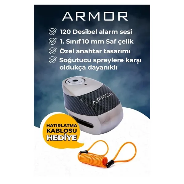 Armor 610 Mva 10 Mm Alarmlı Çelik Disk Kilit Motorsiklet Kilidi+Hatırlatma Kablosu