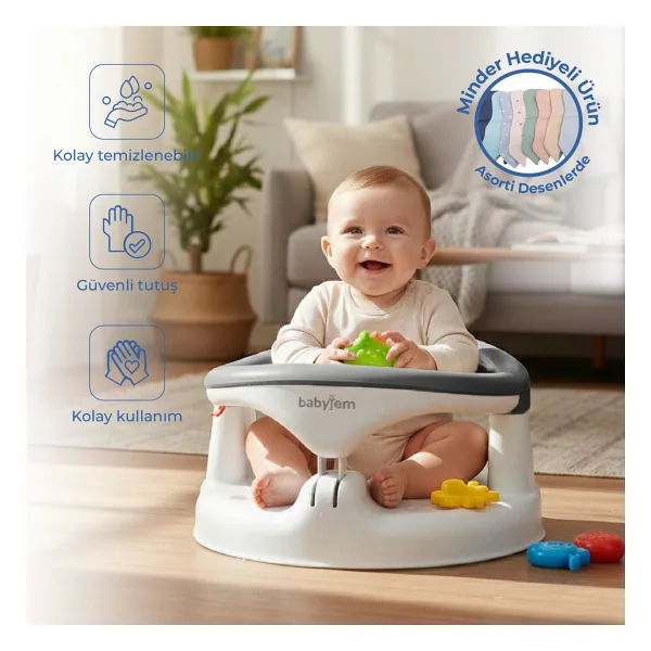 Babyjem Antrasit Yandan Açılır Banyo ve Mama Oturağı & Hediye Minderli 2'li Set Kolay Temizlenebilir