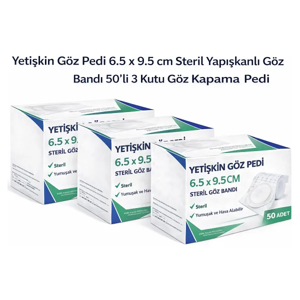 Bezos Yetişkin Göz Pedi 6.5 x 9.5 cm Steril Yapışkanlı Göz Bandı 50'li 3 Kutu Göz Kapama Pedi