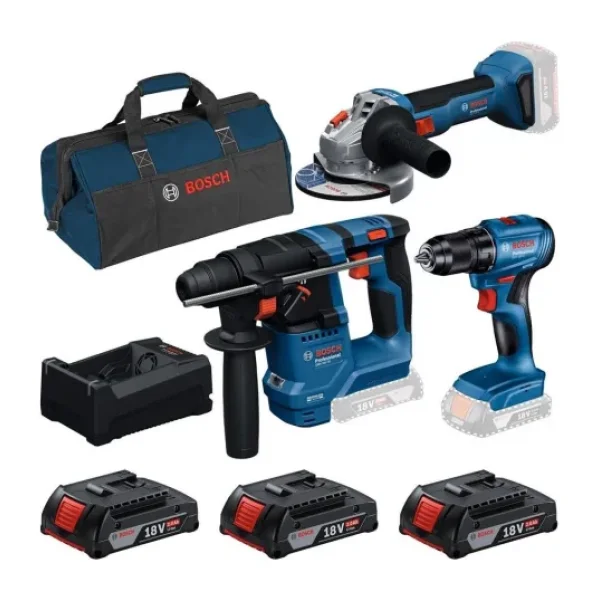 Bosch Professional GBH 18V-18 + GSR 185-LI + GWS 18V-8 + Kanvas Çanta + 3x18V 2.0Ah Akülü Set