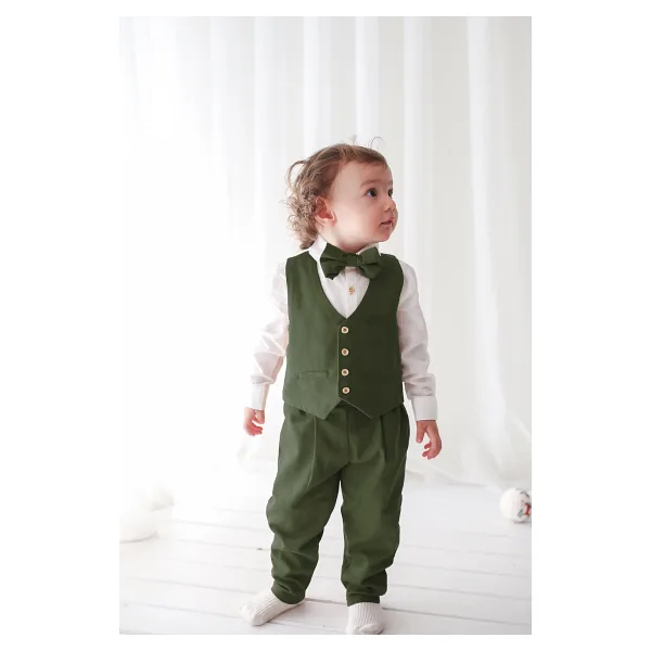 Catz Kids Haki Keten Yelekli Askılı Takım 4'lü Set ( %100 Pamuk )