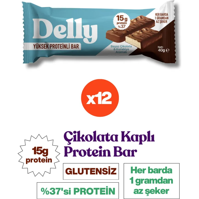 Delly Beyaz Çikolata ve Kurabiyeli 40 gr 12'li Protein Bar