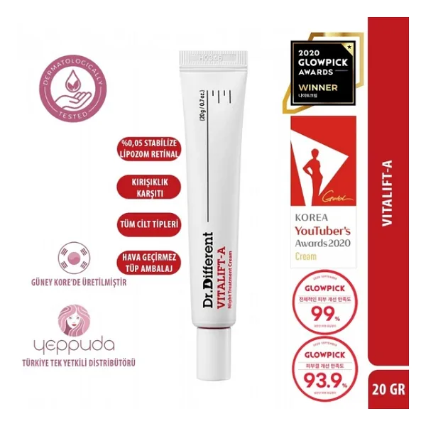 Dr.Different Vitalift-A - Yaşlanma ve Kırışıklık Karşıtı %0.05 Stabilize Lipozom Retinal İçeren Gece Kremi