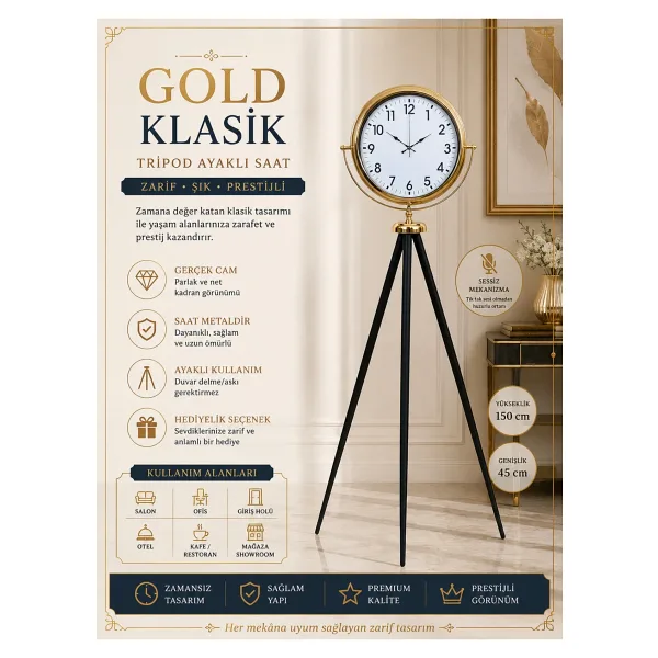 Gold Klasik Tripod Ayaklı Saat