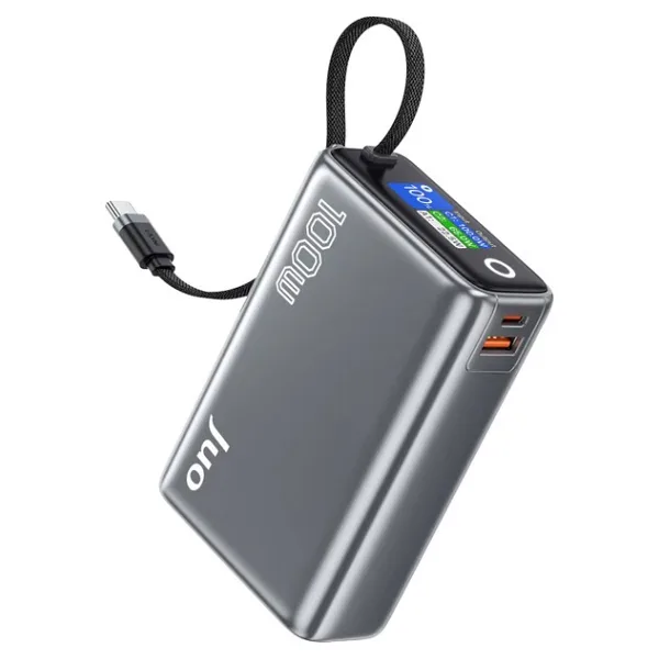 Juo 25000MAH 100W LED Ekranlı Type-C Kablolu Powerbank Usb-A + Usb-C Macbook Notebook Telefon Taşınabilir Pd Hızlı Şarj Cihazı - Gri