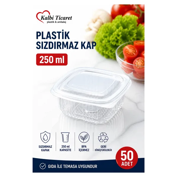 Kalbi Ticaret Plastik Saklama Kabı 250 gr 50 Adet Plastik Kapaklı Kase Sızdırmaz Kap Şeffaf Kullan At Kase