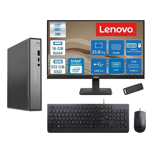 Lenovo Thinkcentre Neo 50Q Gen 5 Intel Core 7-240H 5.2ghz Up 16GB Ddr5 512GB SSD Intel Graphics+Lenovo 23.8" FHD Mon. Freedos Mini Masaüstü Bilgisayar 13B9001PTR23F02+ZETTAUSBBELLEK