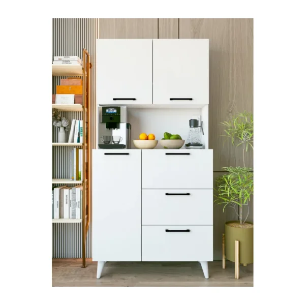 Montenero Parlak Beyaz Kahve Köşesi Dolabı 6 Kapaklı Fırın Raflı Mutfak Dolabı 90x190 Cm