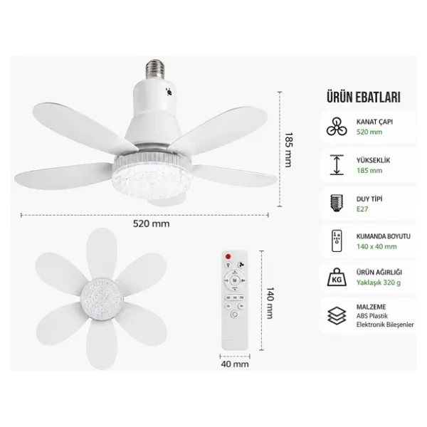 Nivego Pervaneli LED Lamba Fan - Kumandalı Tavan Vantilatörü, Ampul Tipi Soğutucu Işık, 3 Kademeli Fan + LED Aydınlatma