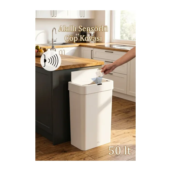 Porsima Me-05 Hareket Sensörlü Sessiz Kapatma Çöp Kutusu Banyo Mutfak Çöp Kovası Kapaklı Banyo Çöp Kovası 2 adet AA Pil Beyaz 50LT