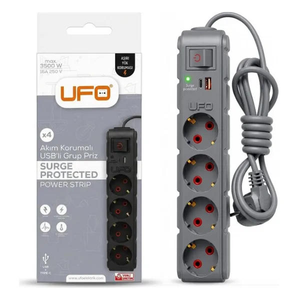 Ufo Yeni 4lü Akım Korumalı Grup Priz 1,5 Metre Bakır Kablolu, 5V 2,4A USB ve Type-C ile Şarj, A - Çok Renkli