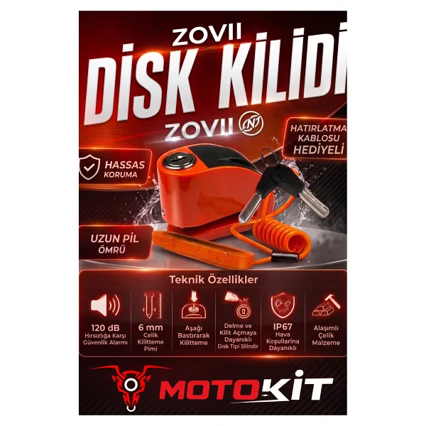 ZOVII Zt6 Turuncu 120 Db Alarmlı Motosiklet Disk Kilidi - IP67, Su Geçirmez, Çelik Güvenlik Kilidi Hatırlatma Kablo Hediyeli