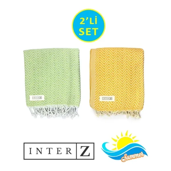 2'li Set Peştemal Plaj Havlusu,%100 Pamuk, Xxl 100x180cm, Marmaris, Fıstık Yeşili Sarı