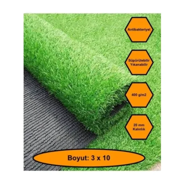 3X10 Metre Yapay Çim Halı, Lastik Taban, Yeşil Suni Halı, 20 mm Kalınlığında