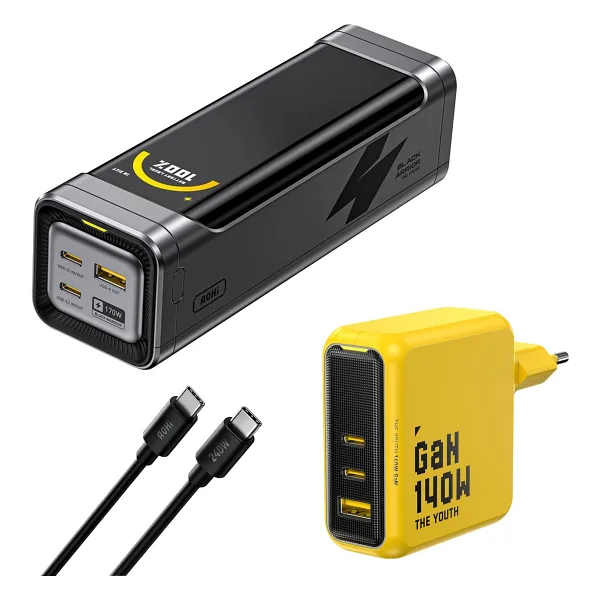 Aohi Black Warrior 25.200 mAh 170W Powerbank, Youth 3 Portlu 140W Şarj Adaptörü Seti