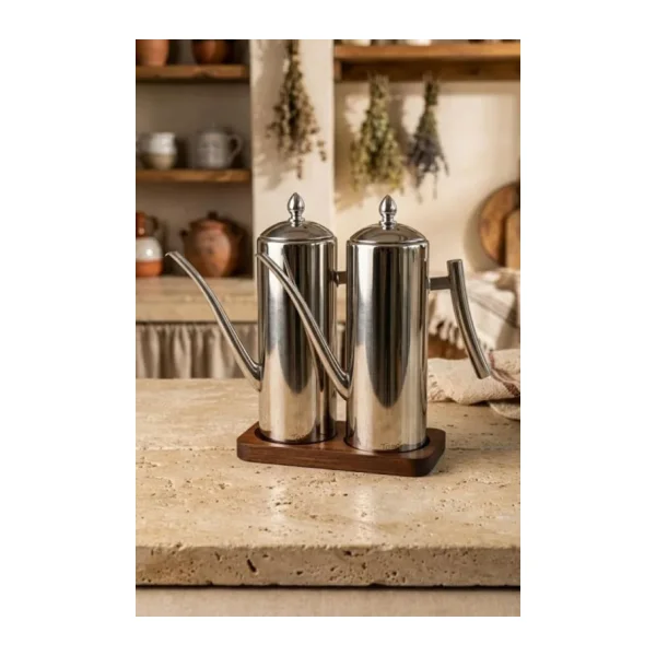 Atbyhome 2'Li Çelik 3 Parça 1000ml Standlı Çok Amaçlı Demlik Yağlık Yağdanlık Seti