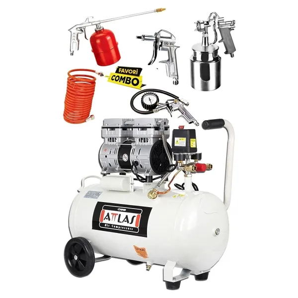 Attlas 50 Litre Yağsız Sessiz Hava Kompresörü Medikal Kompresör Ve Havalı Alet Seti 5 Parçalı