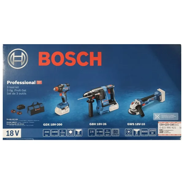 Bosch GBH 18V-26 Kırıcı Delici + GDX 18V-200 Somun Sıkma + GWS 18V-10 Taşlama 2 x 5 Ah Üçlü Set