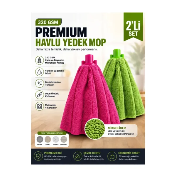 Cleanshe Premium Mikrofiber Mop Yedek Havlu 2'li Set