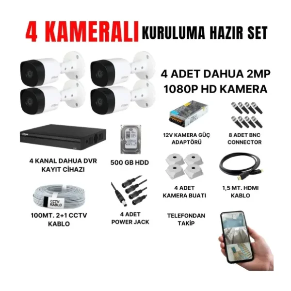DAHUA 4 KAMERALI GÜVENLİK KAMERASI SETİ-CEPTEN İZLEME-FULLHD-GECE GÖRÜŞLÜ-SU GEÇİRMEZ