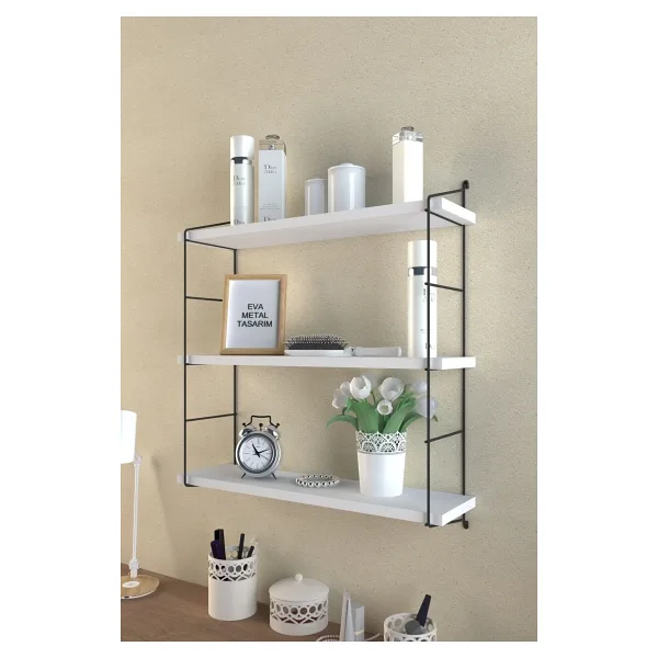 EVA METAL TASARIM Modern Büyük Boy 3 Katlı Duvar Rafı Beyaz