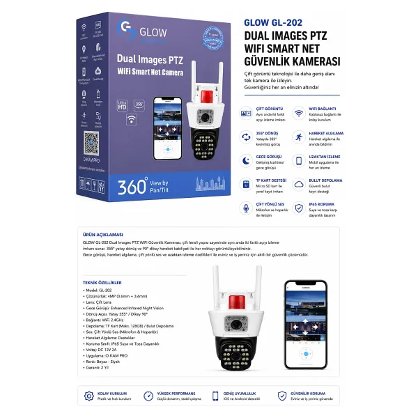 Glow GL-202 Dual Images PTZ WiFi Akıllı Güvenlik Kamerası 360° Gece Görüşlü
